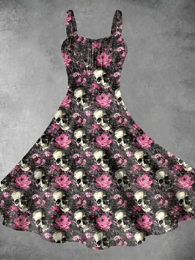 Vintage Gothic Dark Style Skull Rose Flower Print Midi Dress