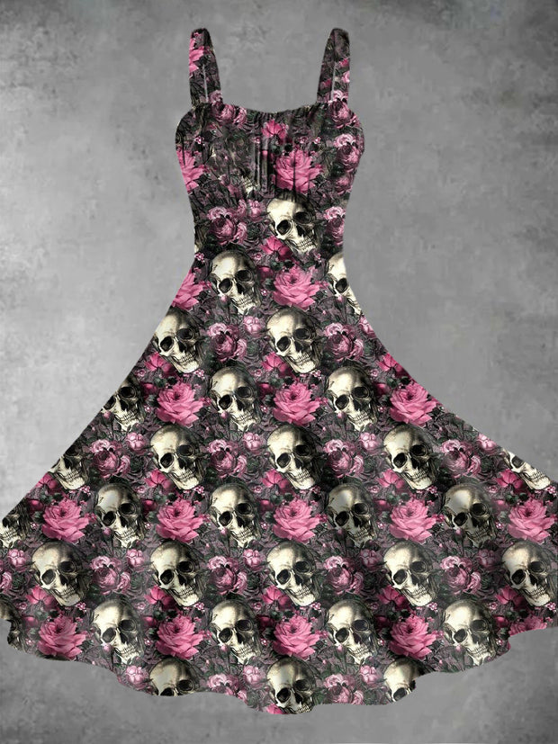 Vintage Gothic Dark Style Skull Rose Flower Print Midi Dress