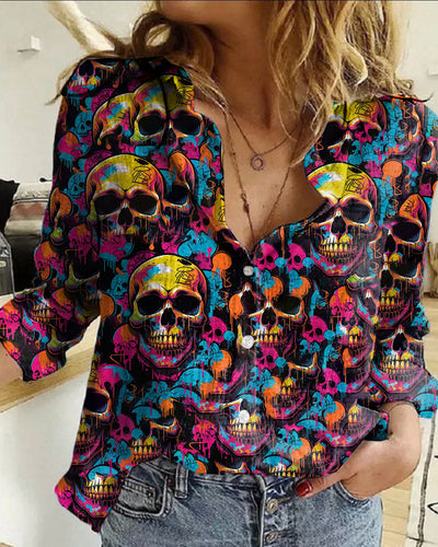 Women's  Vintage Gothic Hippie Colorful Skull Graffiti Printed Casual Long Sleeve Shirt