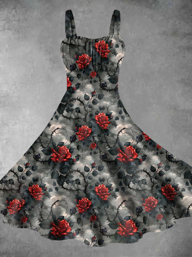 Men's Gothic Dark Style Rose Flower Print Midi Dress