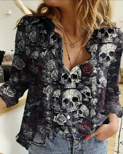 Women's  Vintage Gothic Skull Graffiti Rose Printed Casual Long Sleeve Shirt