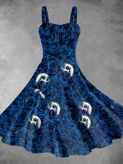 Vintage Gothic Dark Style Skull Rose Flower Print Midi Dress