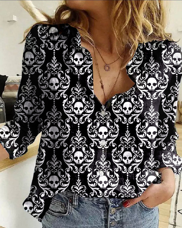 Women's  Vintage Gothic Skull Rose Printed Casual Long Sleeve Shirt