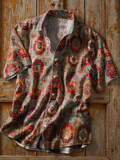 Men's Vintage Colorful Ethnic Pattern Art Print Lapel Short Sleeve Pocket Shirt