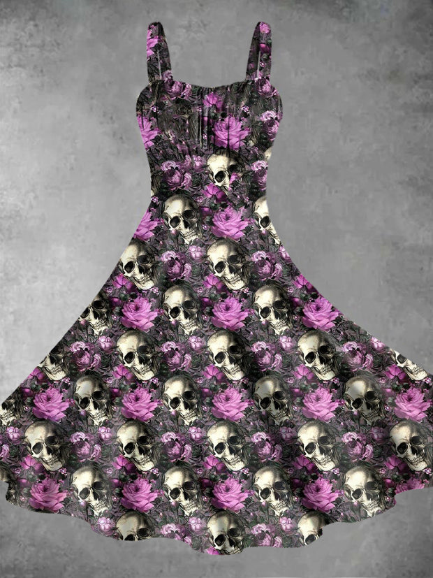 Vintage Gothic Dark Style Skull Rose Flower Print Midi Dress