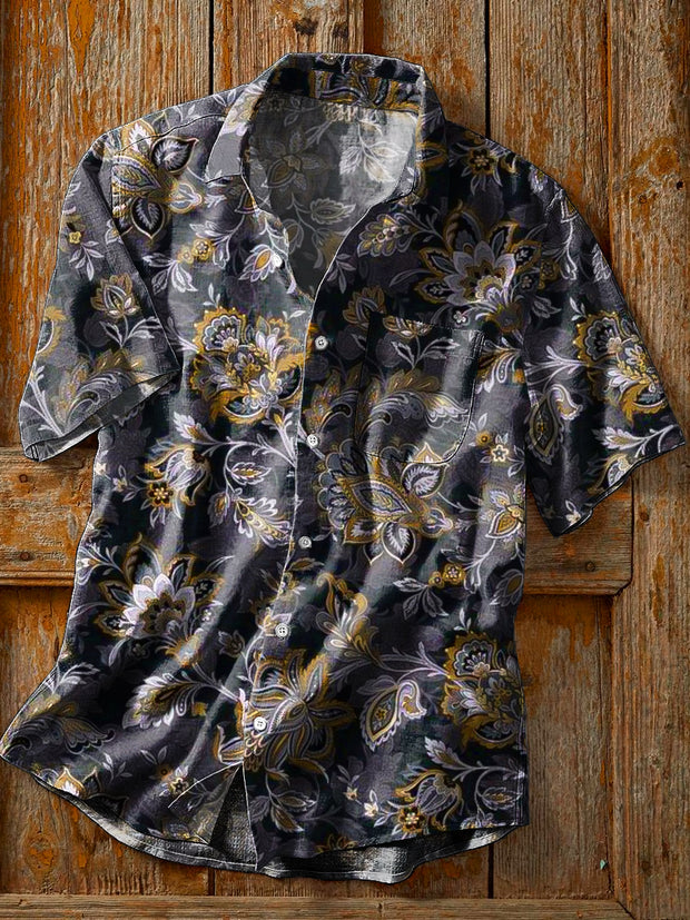 Men's Vintage Floral Pattern Art Print Lapel Short Sleeve Pocket Shirt