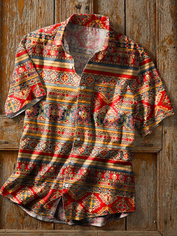 Men's Vintage Colorful Ethnic Striped Art Printed Lapel Short Sleeve Pocket Shirt