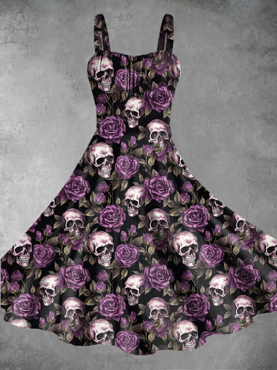 Vintage Gothic Dark Style Skull Rose Flower Print Midi Dress