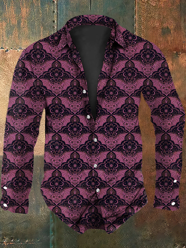 Men's Vintage Gothic Rose Floral Bat Geometric Printed Casual Long Sleeve Shirt