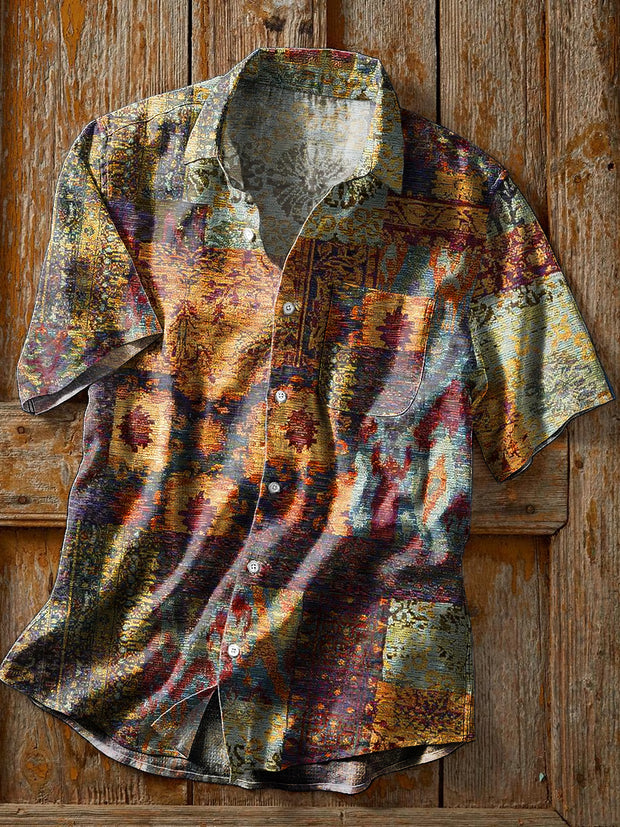 Men's Vintage Ethnic Style Abstract Patchwork Art Print Lapel Short Sleeve Pocket Shirt