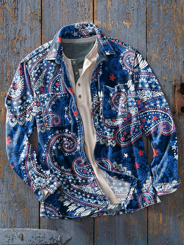 Men's Vintage Blue Irregular Paisley Art Print Soft Lapel Long Sleeve Pocket Shirt