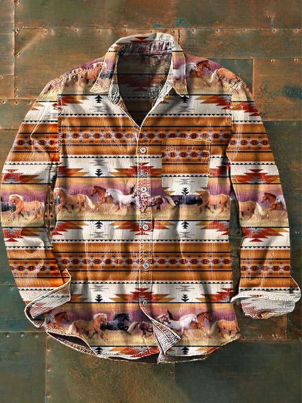 Men's Vintage Western Print Casual Lapel Long Sleeve Shirt