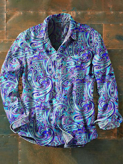 Men's Vintage Cashew Flower Print Casual Lapel Long Sleeve Shirt