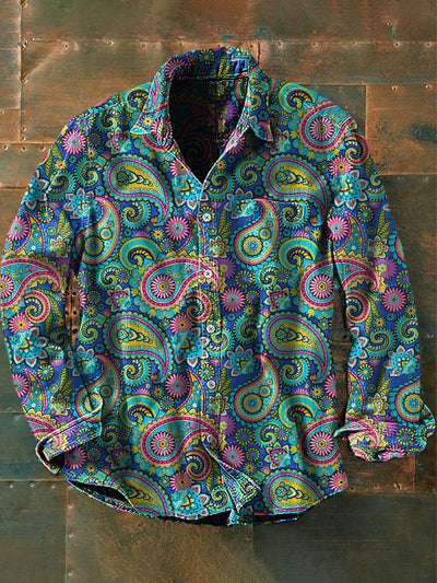 Men's Vintage Hippie Perris Flower Abstract Print Casual Long Sleeve Shirt