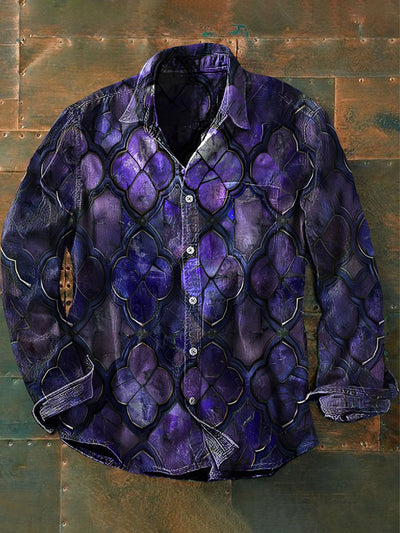 Unisex Men's Vintage Gothic Geometric Squares Gradient Print Casual Long Sleeve Shirt