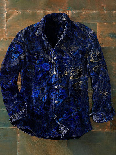 Unisex Men's Vintage Lapis Lazuli Gold Textured Abstraction Print Casual Long Sleeve Shirt