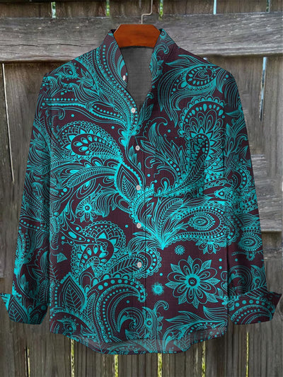 Men's Vintage Hippie Feather Peris Floral Print Casual Cotton Pocket Long Sleeve Shirt