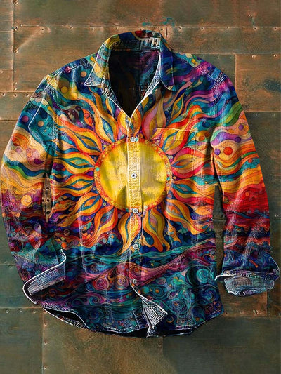 Mens Vintage Sun Abstract Print Casual Long Sleeve Shirt