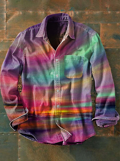 Mens Vintage Gradient Aurora Abstract Print Casual Long Sleeve Shirt