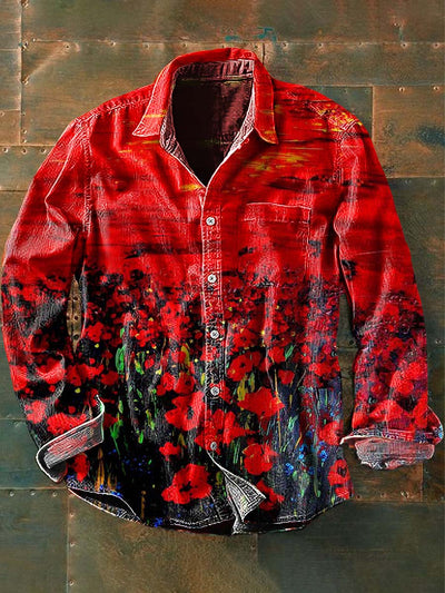 Mens Vintage Poppy Abstract Print Casual Long Sleeve Shirt