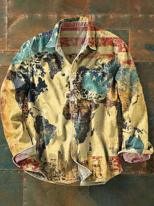 Unisex Vintage Aged Map Simple Printed Lapel Long Sleeve Pocket Shirt