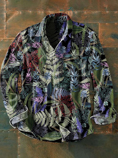 Mens Vintage Botanical Leaf Print Casual Long Sleeve Shirt