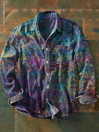 Unisex Halo Dye Floral Vintage Printed Lapel Long Sleeve Pocket Shirt