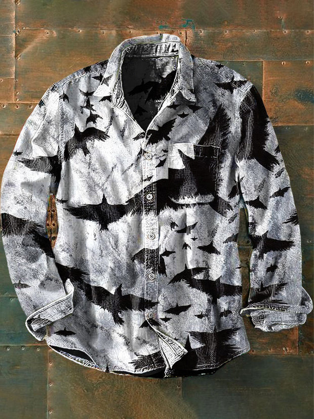 Mens Raven Print Casual Long Sleeve Shirt