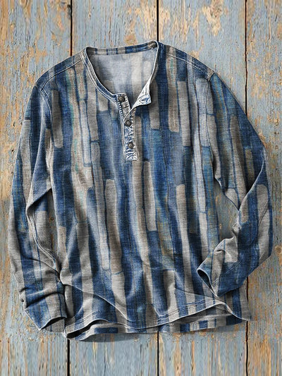 Men's Vintage Irregular Stripe Art Print Long Sleeve Henley Shirt