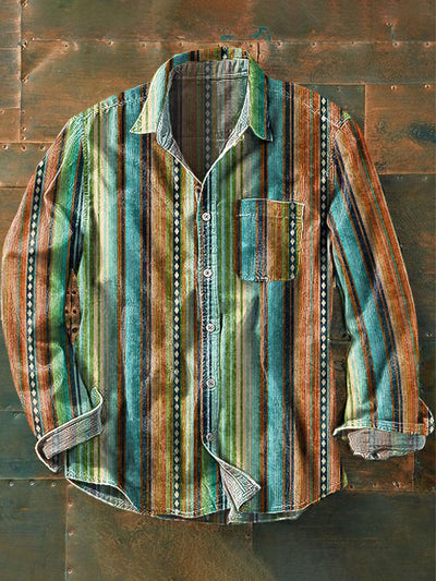 Men's Vintage Western Gradient Stripe Art Print Lapel Long Sleeve Pocket Shirt