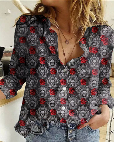 Women's  Vintage Punk Gothic Valentine's Day Rose Skulls Printed Casual Long Sleeve Shirt