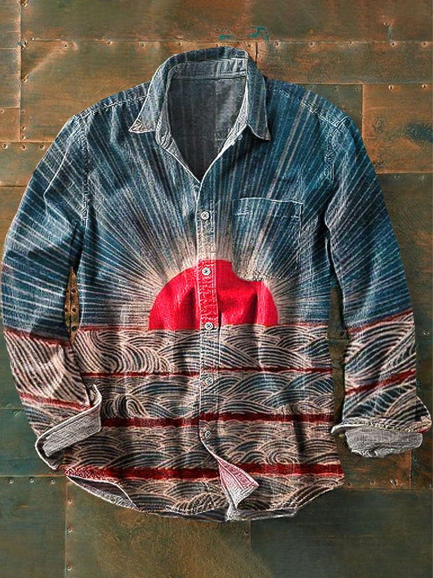 Men's Vintage Western Sun Art Print Lapel Long Sleeve Pocket Shirt