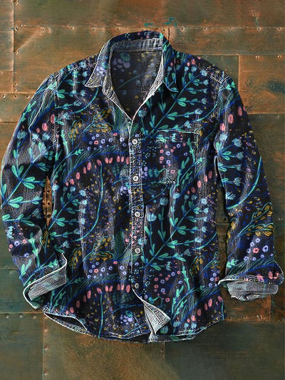 Men's Vintage Colorful Botanical Floral Art Print Lapel Long Sleeve Pocket Shirt