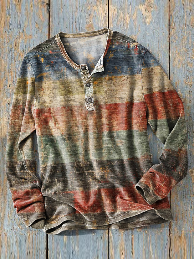 Men's Vintage Western Color Stripe Art Print Long Sleeve Henley Shirt