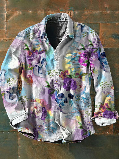 Unisex Men's Vintage Hippie Colorful Valentine's Day Skull Rose Abstract Print Casual Long Sleeve Shirt