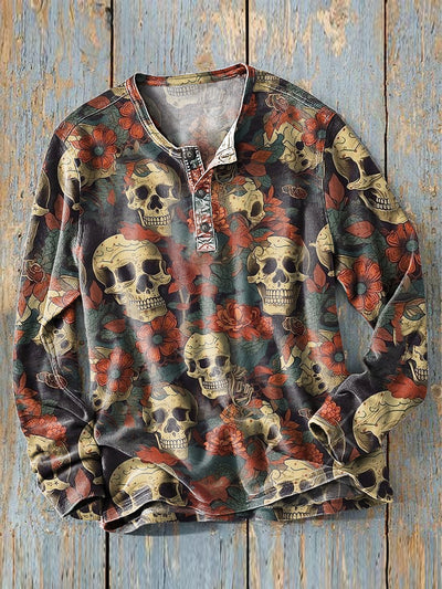 Men's Vintage Western Skull Rose Art Print Long Sleeve Henley Shirt