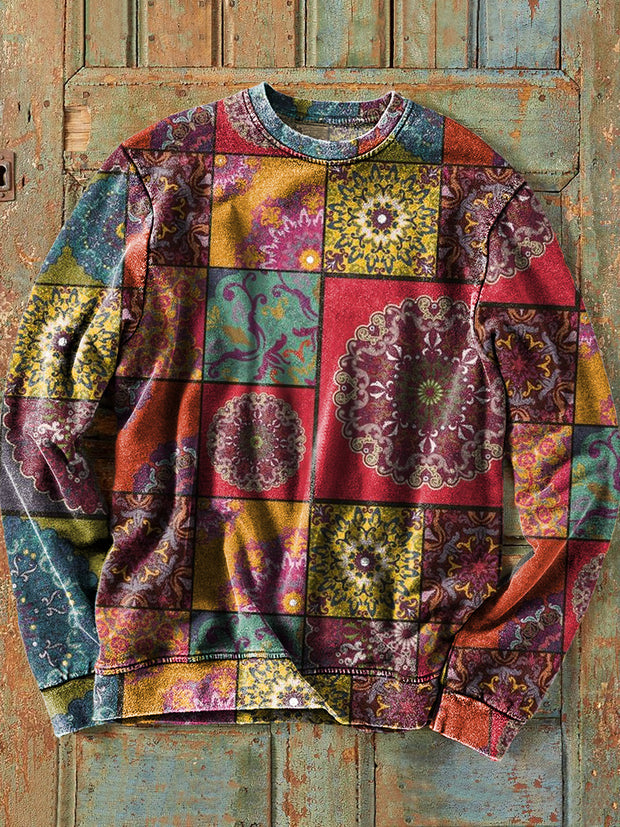 Men's Retro Ethnic Geometric Floral Art Print Crew Neck Sweatshirt