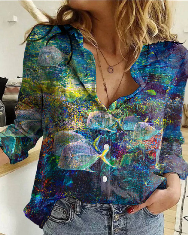 Women's  Vintage Hippie Colorful Ocean Fish Abstraction Printed Casual Long Sleeve Shirt