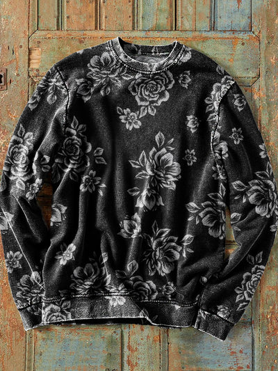 Men's Vintage Black and White Floral Art Print Crew Neck Sweatshirt