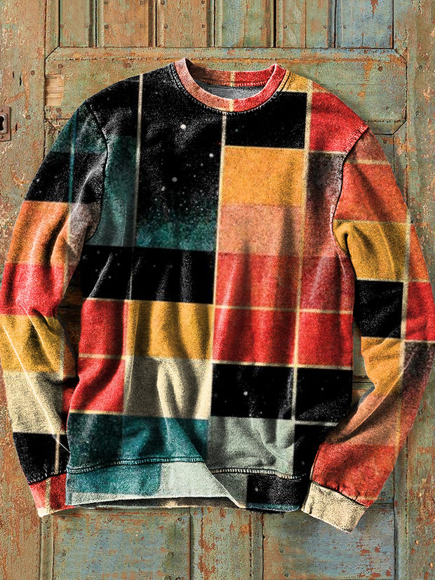 Men's Vintage Irregular Color Block Art Print Crew Neck Sweatshirt