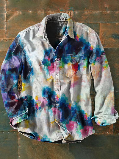 Unisex Men's Vintage Hippie Colorful Tie Dye Heart Designs Abstract Print Casual Long Sleeve Shirt