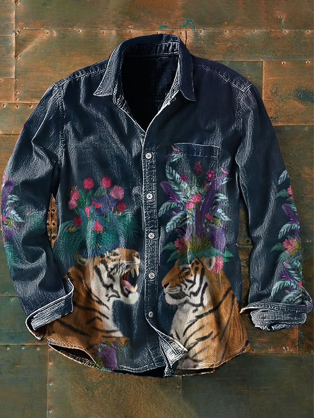 Unisex Men's Vintage Hippie Diablo Style Hot House Pair Tigers Abstract Print Casual Long Sleeve Shirt