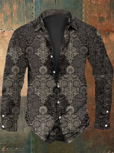 Men's Vintage Gothic Floral Style Gradient Texture Print Long Sleeve Shirt