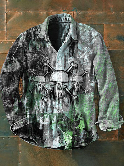 Unisex Men's Vintage Punk Diablo Style Graffiti Skulls Abstract Print Casual Long Sleeve Shirt