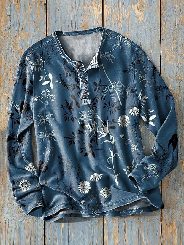 Men's Vintage Blue Floral Art Print Long Sleeve Henley Shirt