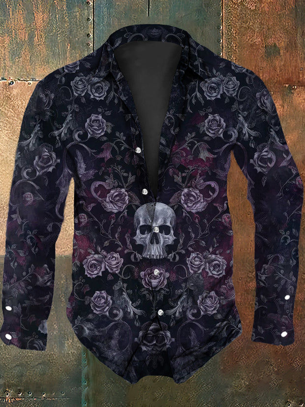 Men's Vintage Punk Gothic Diablo Style Skull Rose Flower Print Long Sleeve Shirt