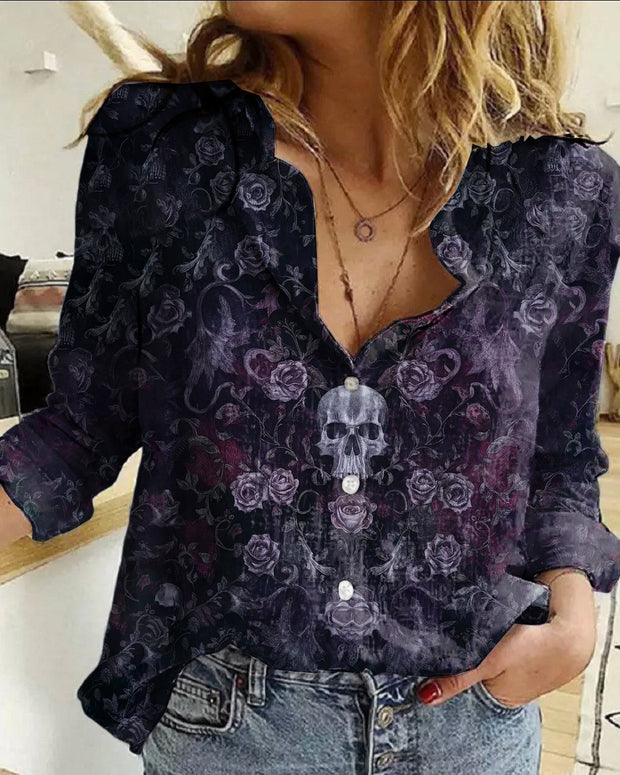 Women's  Vintage Gothic Dark Gradient Skull Floral Rose Printed Casual Long Sleeve Shirt