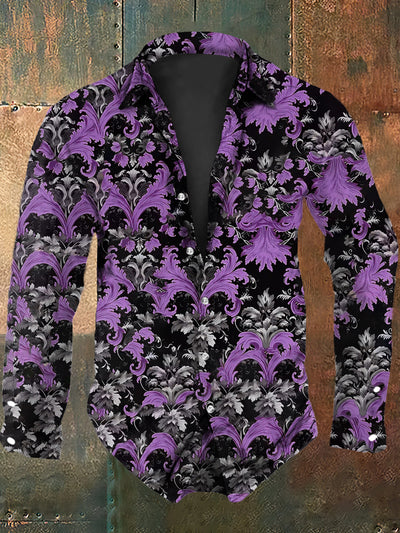 Men's Vintage Punk Gothic Floral Feather Valentine's Day Print Long Sleeve Shirt