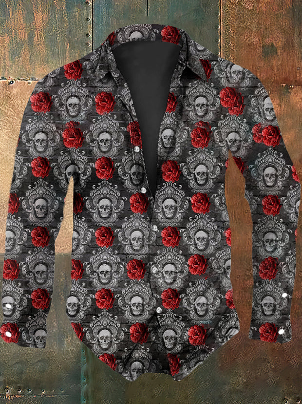 Men's Vintage Punk Gothic Valentine's Day Rose Skulls Print Long Sleeve Shirt