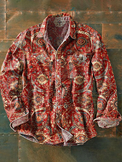 Unisex Vintage Ethnic Floral Art Print Lapel Long Sleeve Pocket Shirt